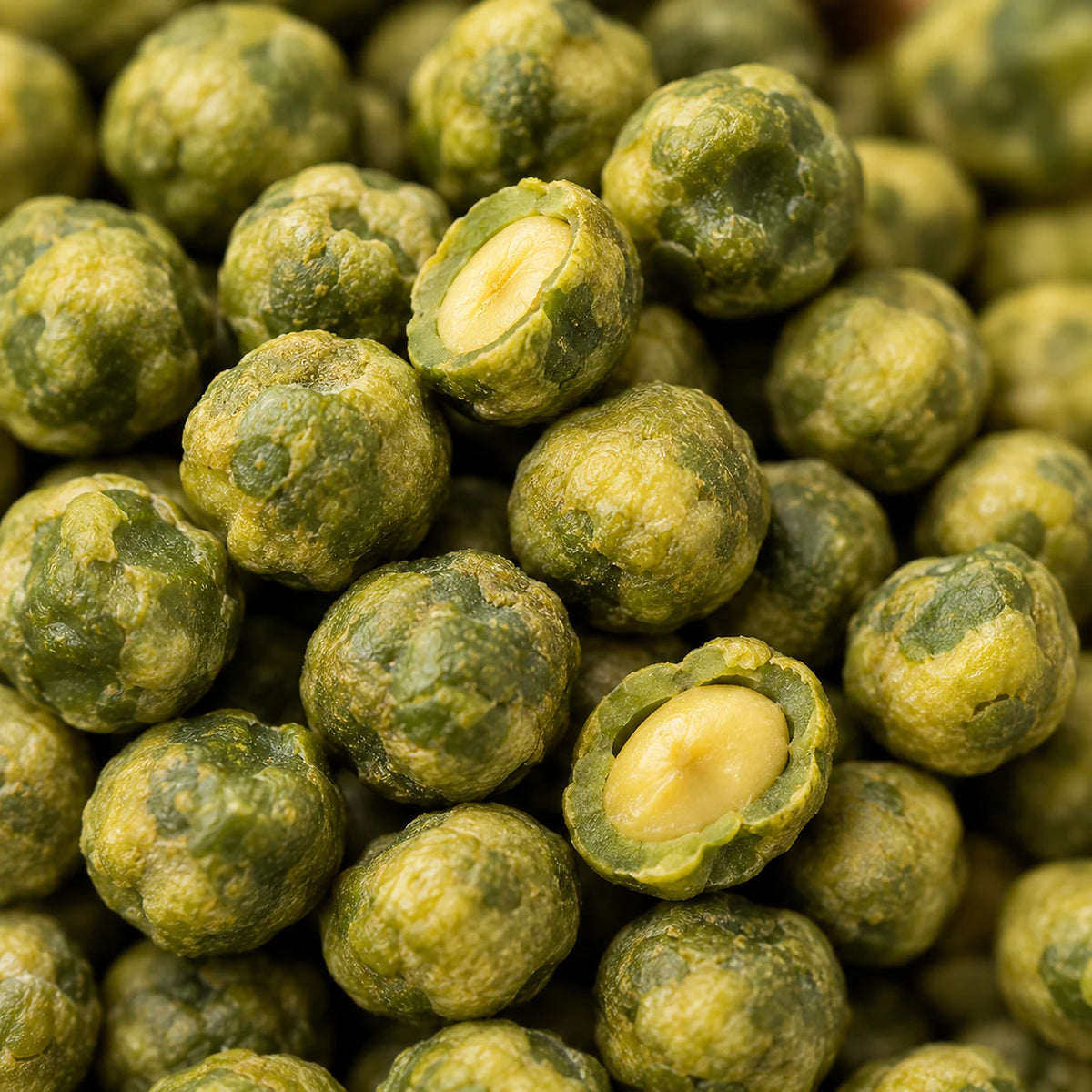 Close-up of wasabi coated green peas, two split open to show the pale yellow pea inside