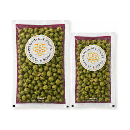 Wasabi coated green peas in 250g and 100g pouches lying side by side
