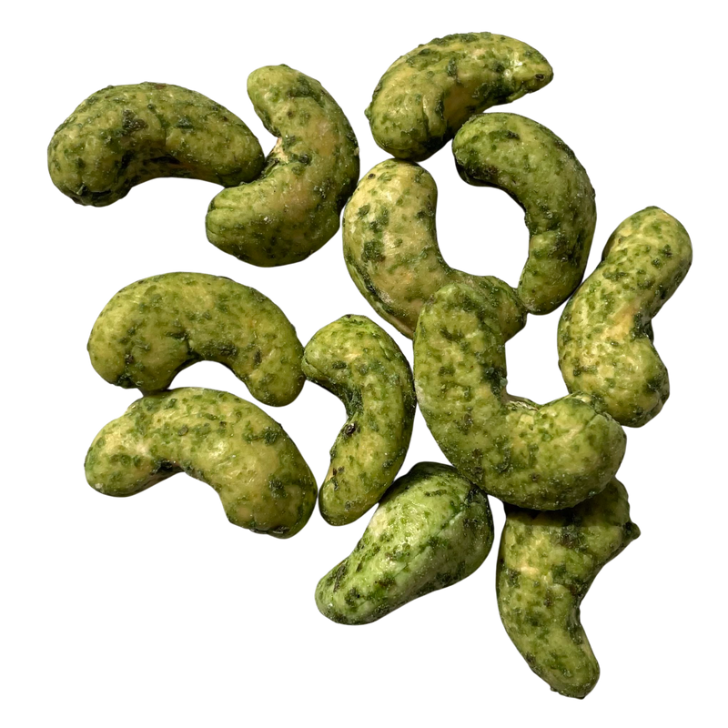 Cashew Nuts Green Chilli Spiced are coated in a green chilli seasoning that adds a bold and tangy taste to the nutty and buttery cashews