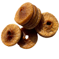 Picture of dry figs and anjeer, also called figs, neatly placed together on a plain backdrop. 