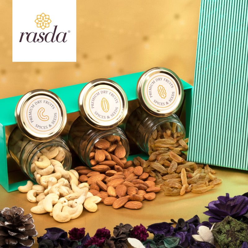 Rajastha gift box glass jar filled with flavored dry fruits and nuts, diwali gift idea