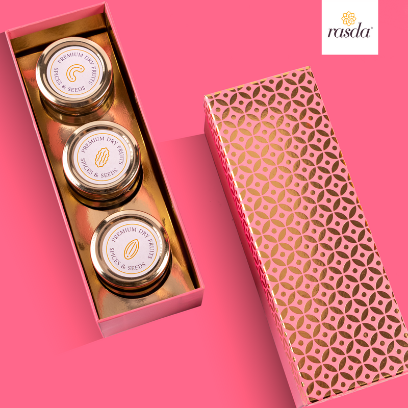Rajastha gift box contains 3 glass Jars Set is meant for storing Dry fruit ,Candies Snacks or Spice in a stylish but in most organized manner. 